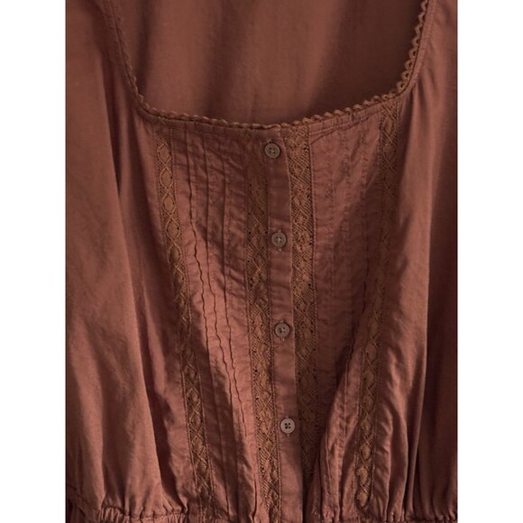 Old Navy Tie-Waist Lace-Trim Blouse Chestnut Brown Sleeves Romantic Victorian XL - Picture 3 of 10